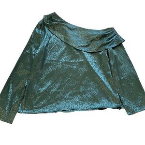 SHEIN NWOT Sage Green Leopard Blouse Asymmetrical Satin Long Sleeve XL